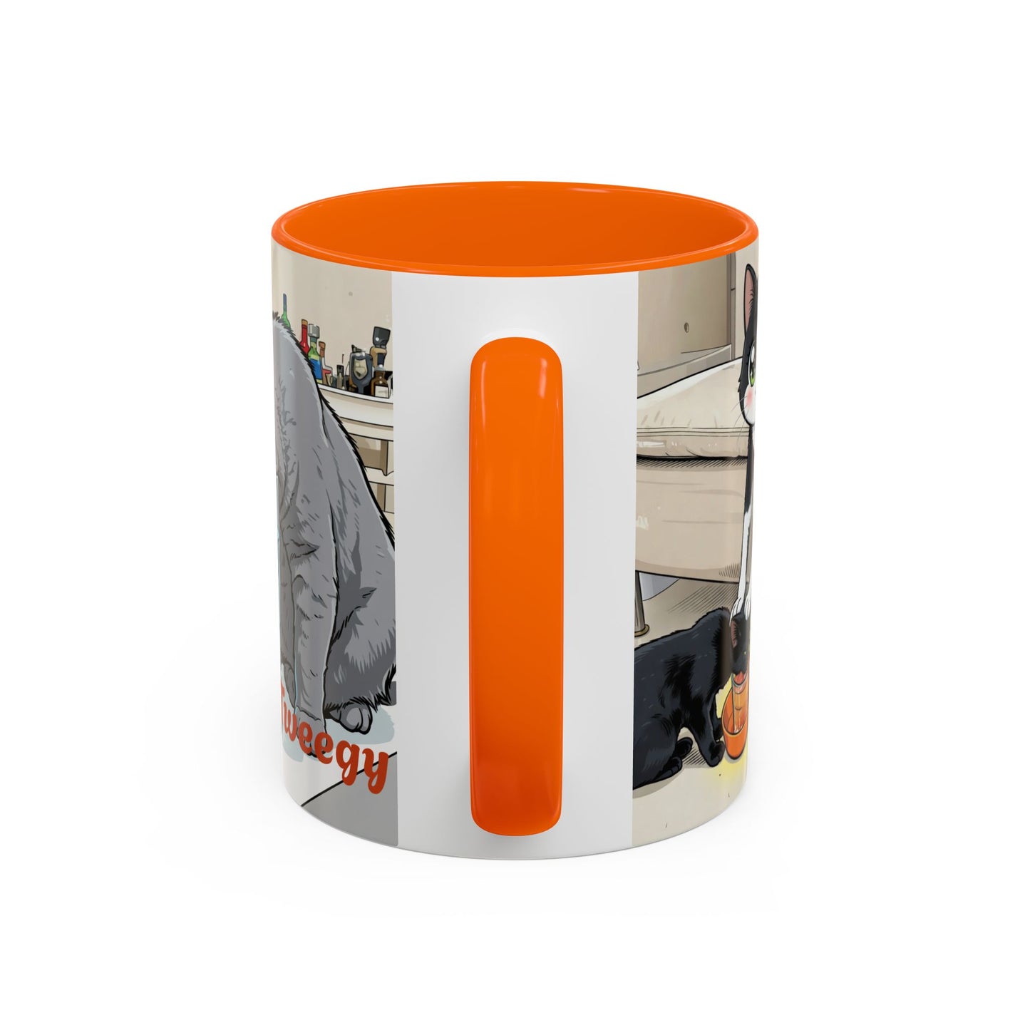 Accent Coffee Mug — Cute Cat "Tweegy" Illustration, Black-Handle Ceramic Mug (11oz)