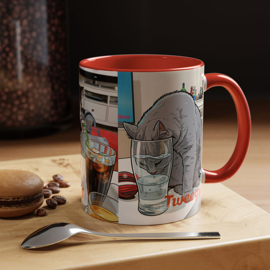 Accent Coffee Mug — Cute Cat "Tweegy" Illustration, Black-Handle Ceramic Mug (11oz)