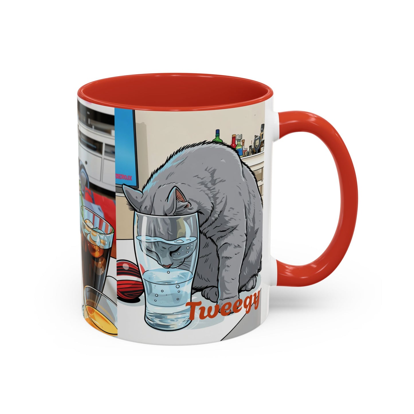 Accent Coffee Mug — Cute Cat "Tweegy" Illustration, Black-Handle Ceramic Mug (11oz)