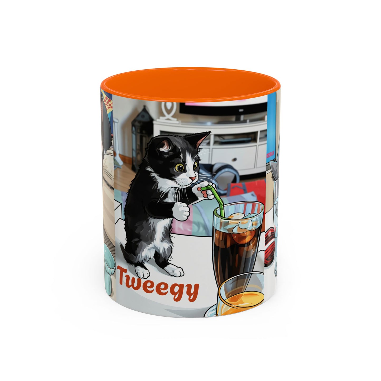 Accent Coffee Mug — Cute Cat "Tweegy" Illustration, Black-Handle Ceramic Mug (11oz)