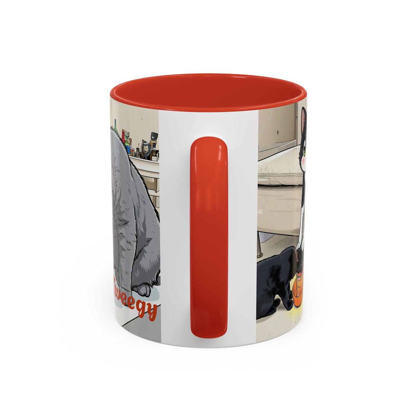 Accent Coffee Mug — Cute Cat "Tweegy" Illustration, Black-Handle Ceramic Mug (11oz)