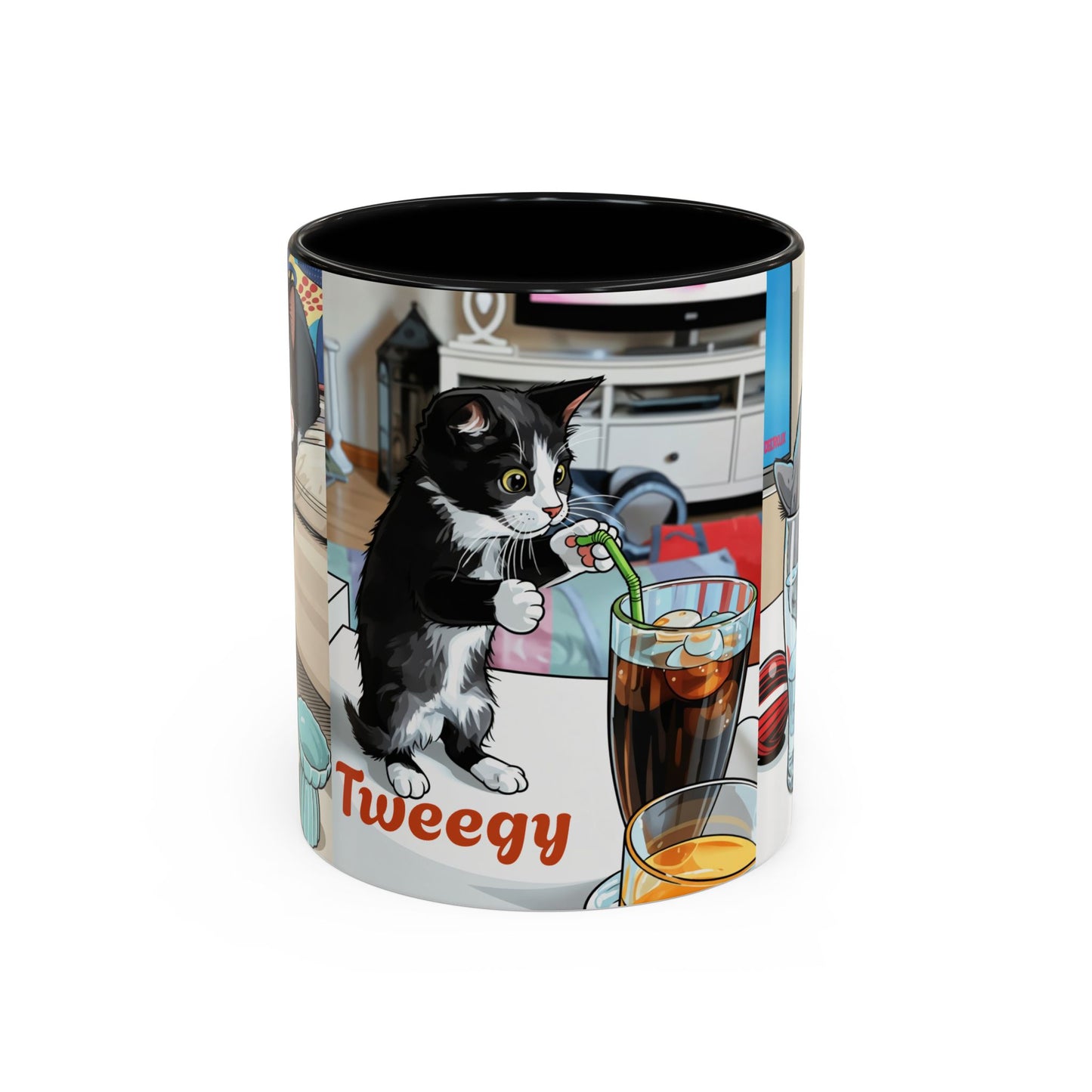 Accent Coffee Mug — Cute Cat "Tweegy" Illustration, Black-Handle Ceramic Mug (11oz)