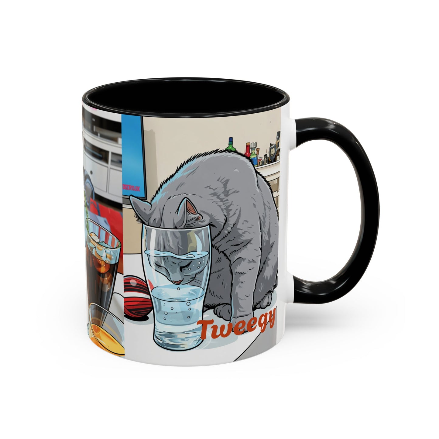 Accent Coffee Mug — Cute Cat "Tweegy" Illustration, Black-Handle Ceramic Mug (11oz)