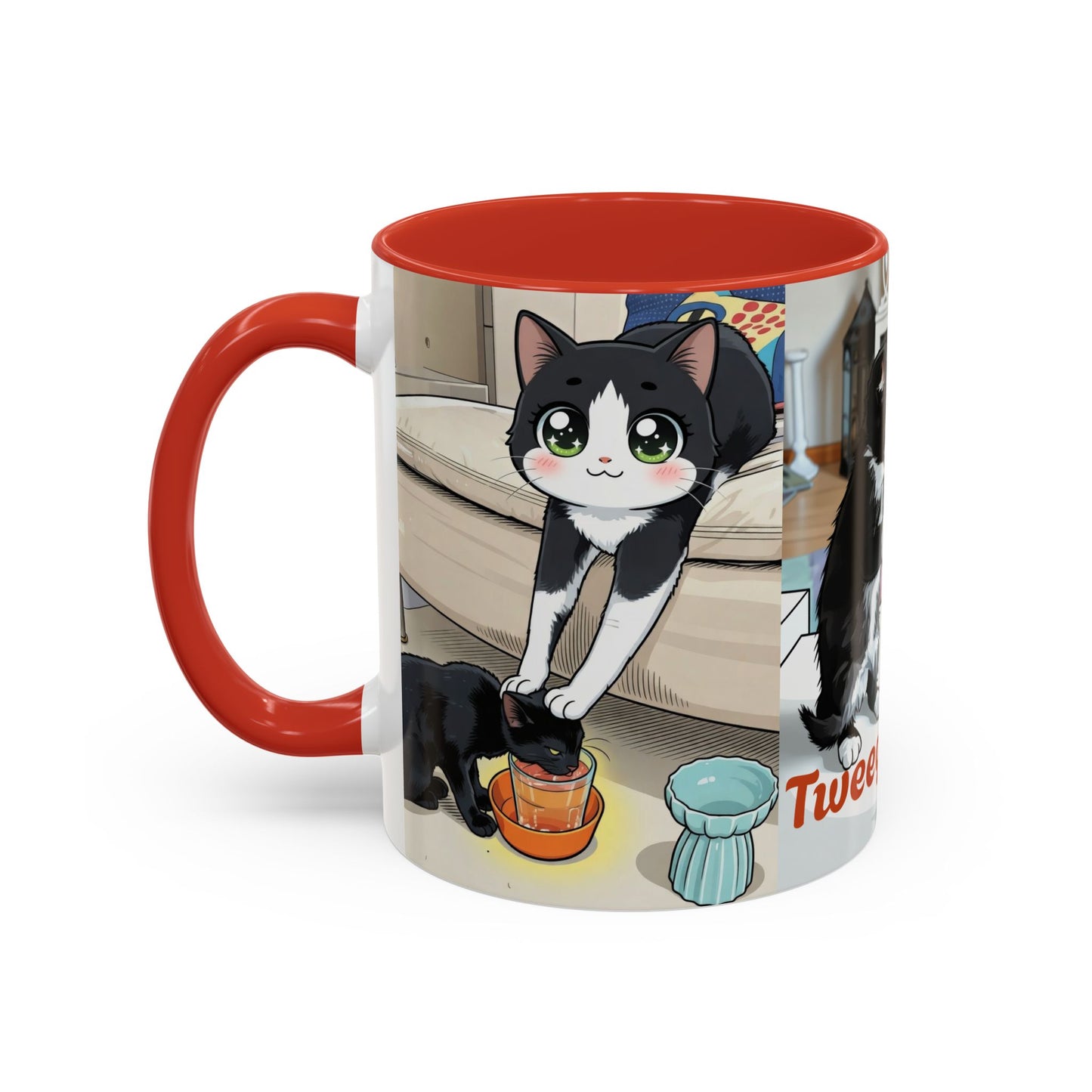 Accent Coffee Mug — Cute Cat "Tweegy" Illustration, Black-Handle Ceramic Mug (11oz)