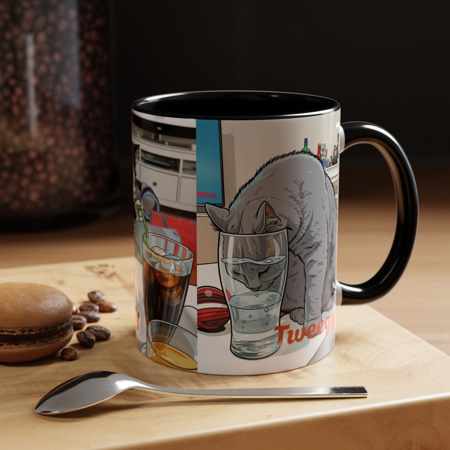 Accent Coffee Mug — Cute Cat "Tweegy" Illustration, Black-Handle Ceramic Mug (11oz)