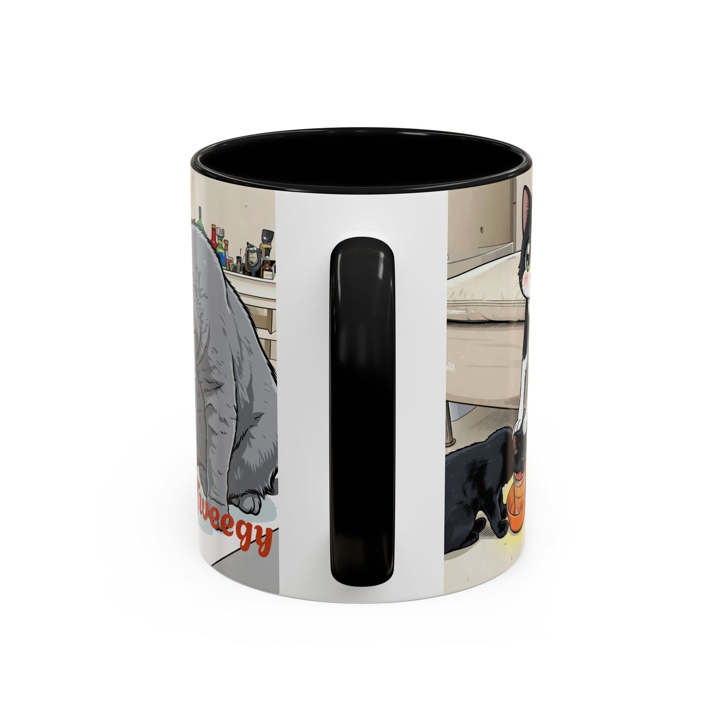Accent Coffee Mug — Cute Cat "Tweegy" Illustration, Black-Handle Ceramic Mug (11oz)