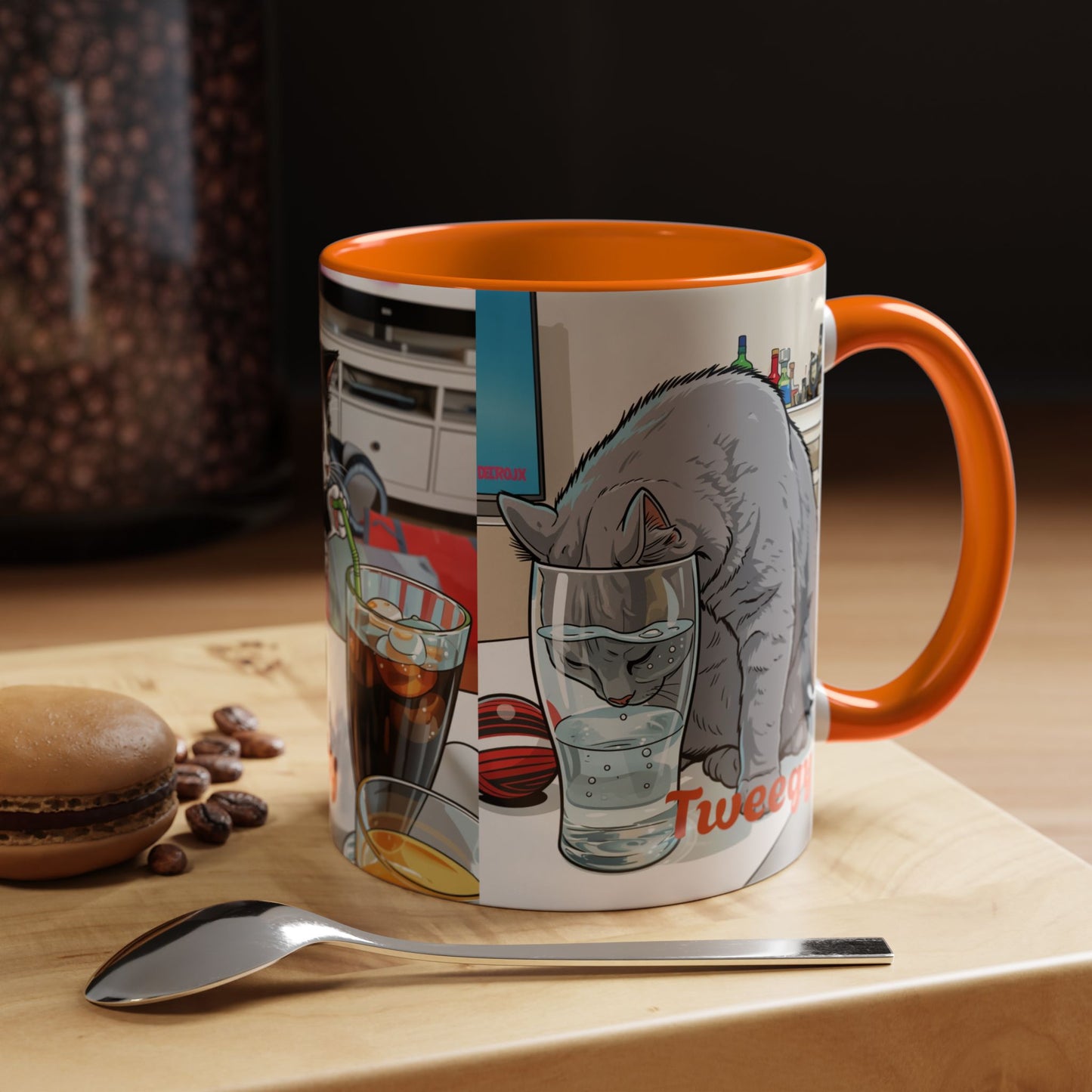 Accent Coffee Mug — Cute Cat "Tweegy" Illustration, Black-Handle Ceramic Mug (11oz)