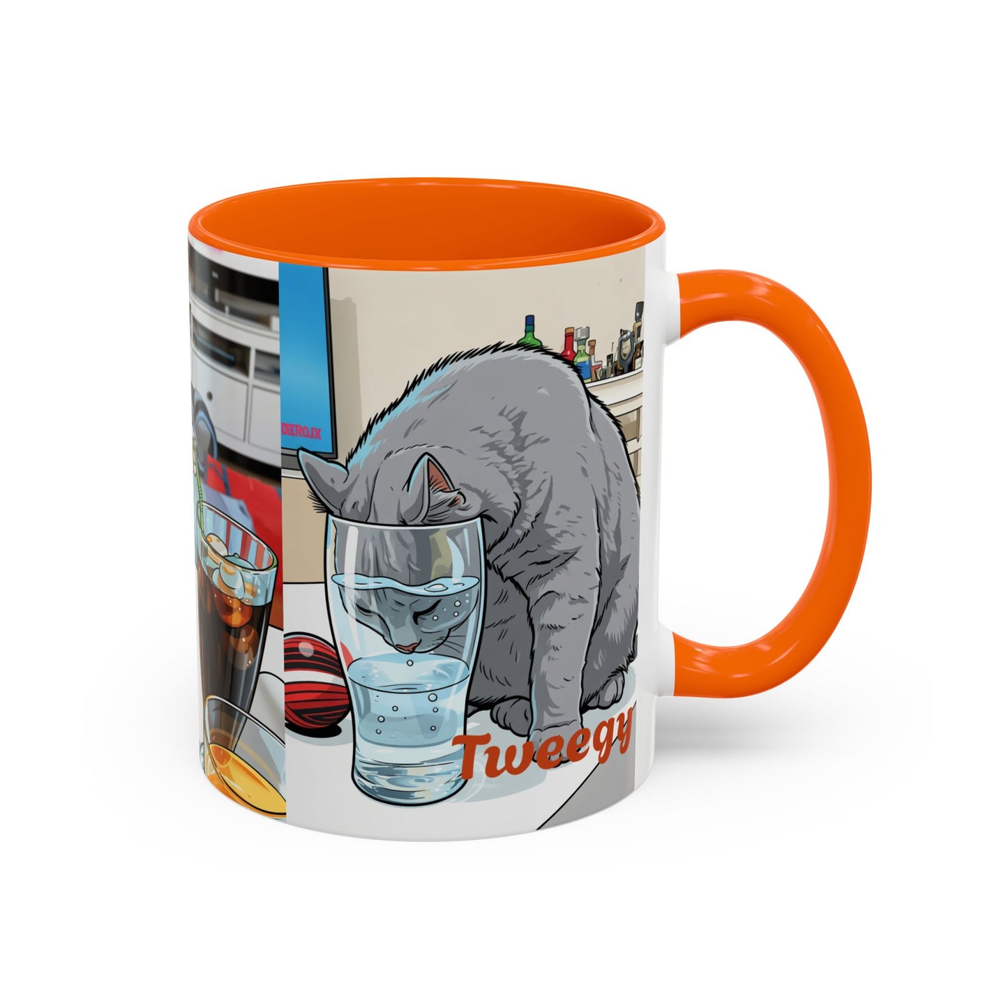 Accent Coffee Mug — Cute Cat "Tweegy" Illustration, Black-Handle Ceramic Mug (11oz)