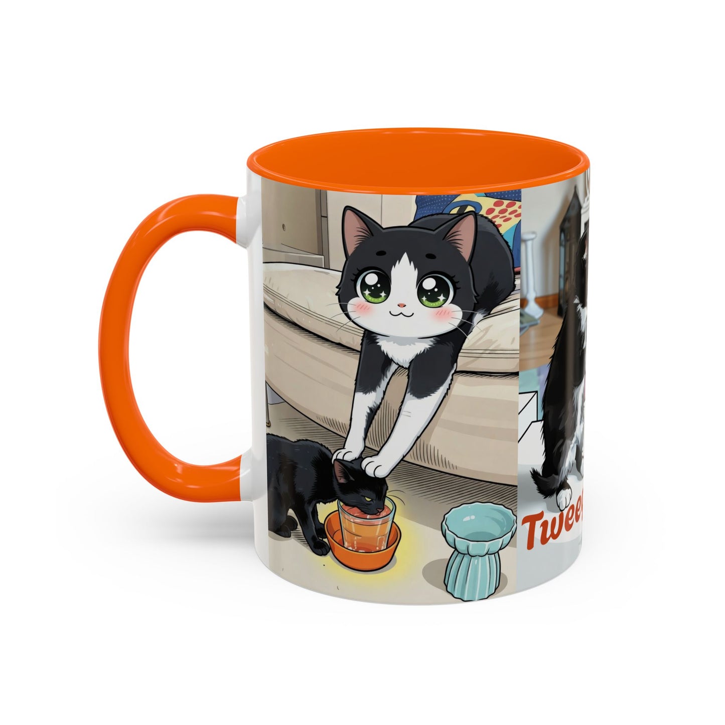 Accent Coffee Mug — Cute Cat "Tweegy" Illustration, Black-Handle Ceramic Mug (11oz)
