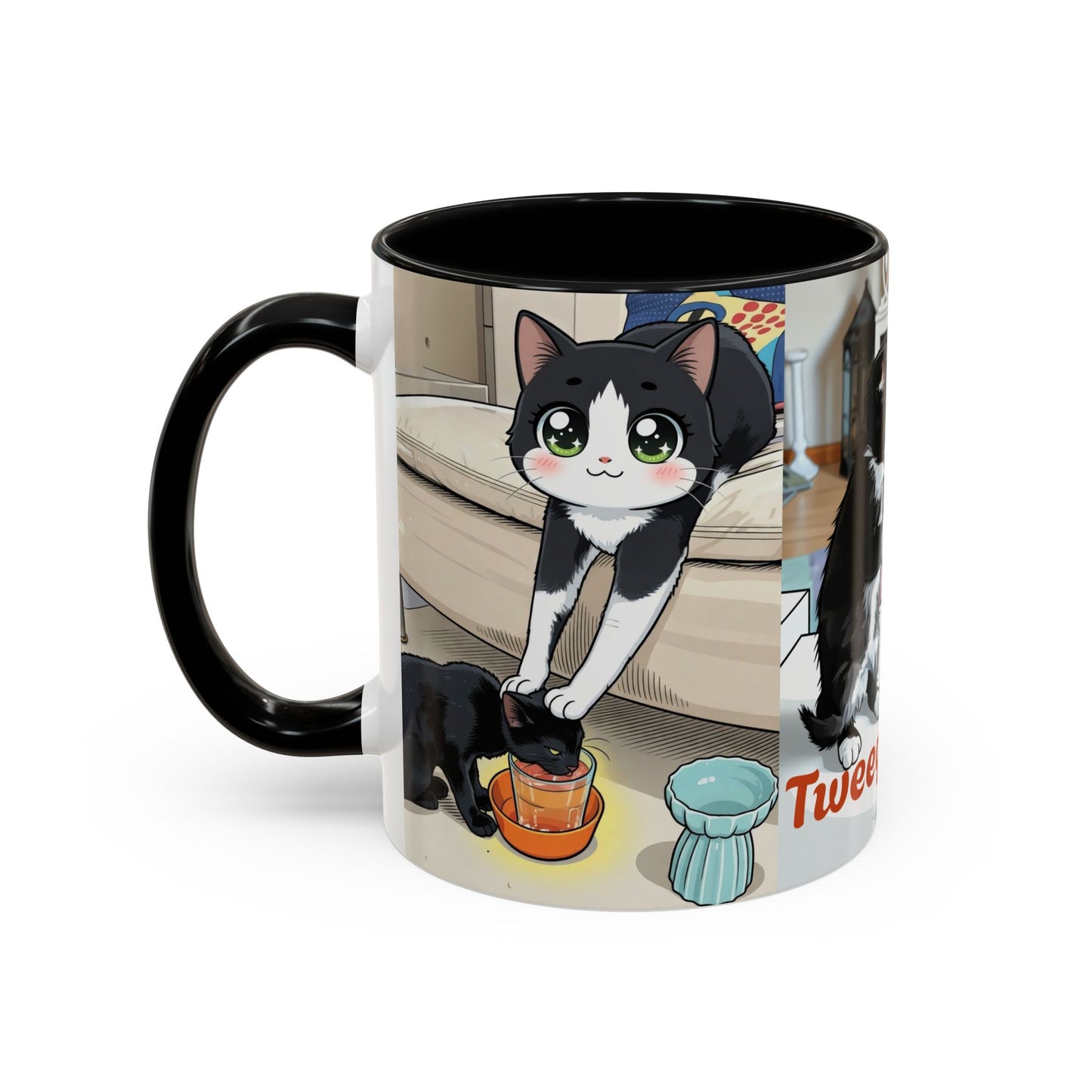 Accent Coffee Mug — Cute Cat "Tweegy" Illustration, Black-Handle Ceramic Mug (11oz)